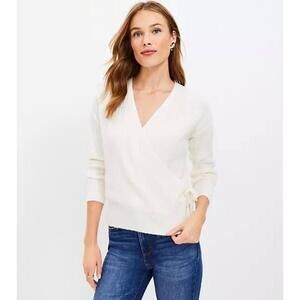 NWT Loft Ivory Faux Wrap Sweater Ribbed Texture Tie Large